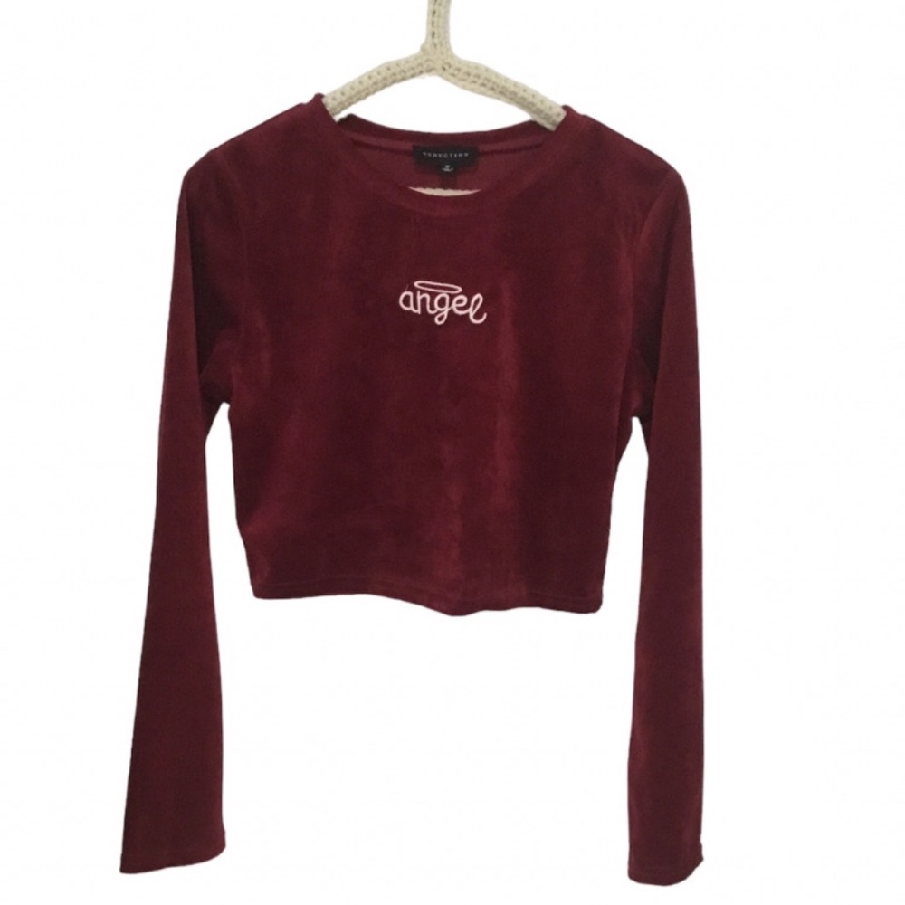 Y2K velvet crop top by Seduction, size medium, angel text, red, 90s